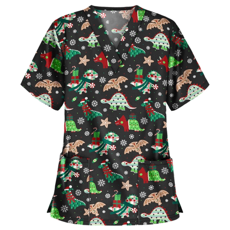 Christmas Print Short-sleeved Pocket T-shirt Nurse Uniform (Color:3 Size:XXXL)