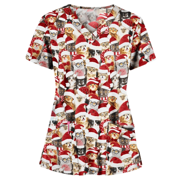 Christmas Print Short-sleeved Pocket T-shirt Nurse Uniform (Color:4 Size:XXL)
