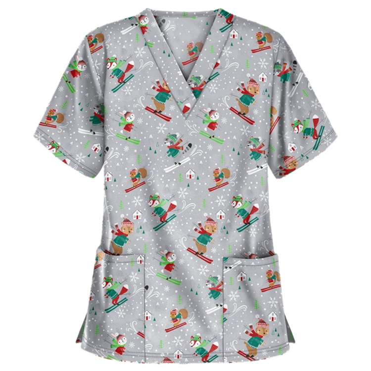 Christmas Print Short-sleeved Pocket T-shirt Nurse Uniform (Color:5 Size:L)