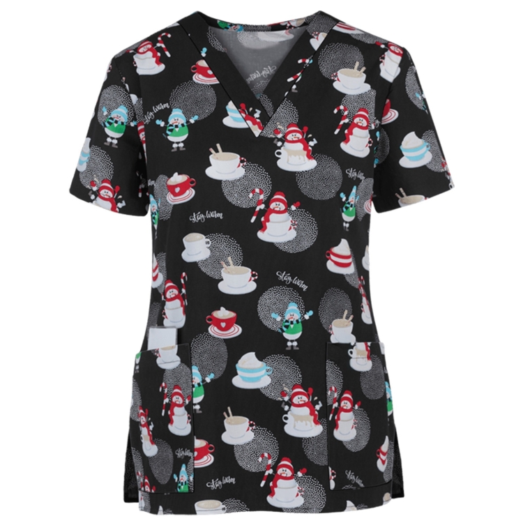 Christmas Print Short-sleeved Pocket T-shirt Nurse Uniform (Color:6 Size:XXL)