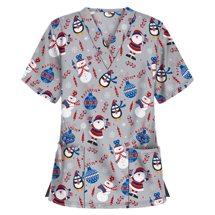 Christmas Print Short-sleeved Pocket T-shirt Nurse Uniform (Color:8 Size:L)