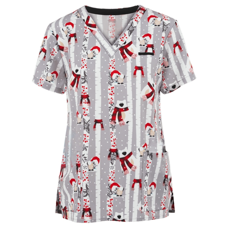 Christmas Print Short-sleeved Pocket T-shirt Nurse Uniform (Color:9 Size:L)