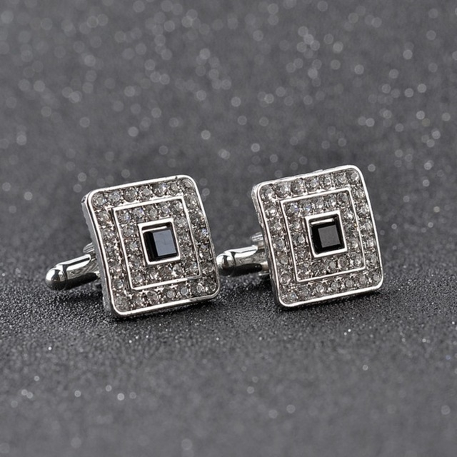 Classic Luxury Rhinestone Crystal Square Custom Enamel Men Cufflink Male French Shirt Cuff links Wedding(Silver Plated)