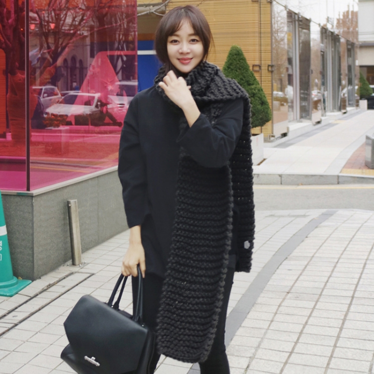 Coarse Wool Knitted Warm Scarf Women Winter Thick Solid Color Scarf, Length: 190cm(Black)