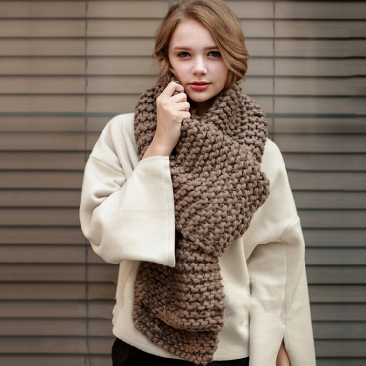 Coarse Wool Knitted Warm Scarf Women Winter Thick Solid Color Scarf, Length: 190cm(Khaki)