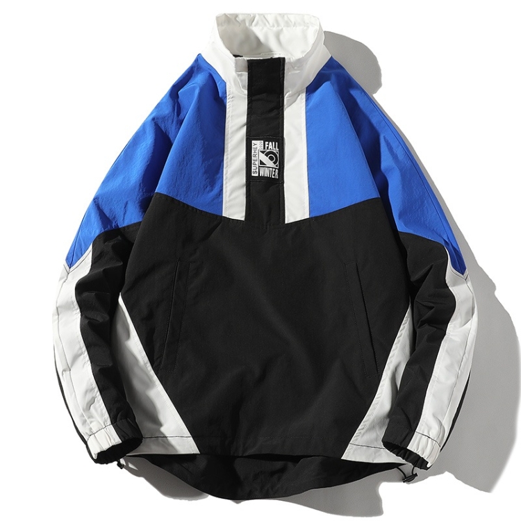 Color Matching Printed Stand Collar Pullover Casual Jacket for Men (Color:Blue Size:XXL)
