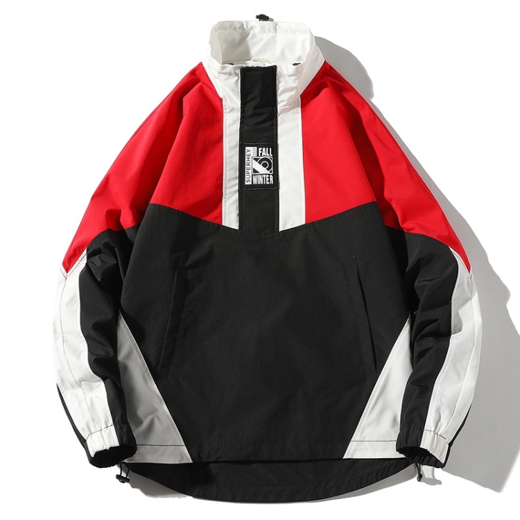 Color Matching Printed Stand Collar Pullover Casual Jacket for Men (Color:Red Size:M)