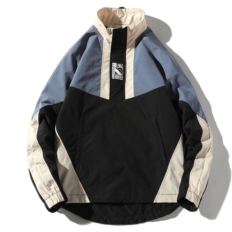 Color Matching Printed Stand Collar Pullover Casual Jacket for Men(Color:Grey Blue Size:XXXL)