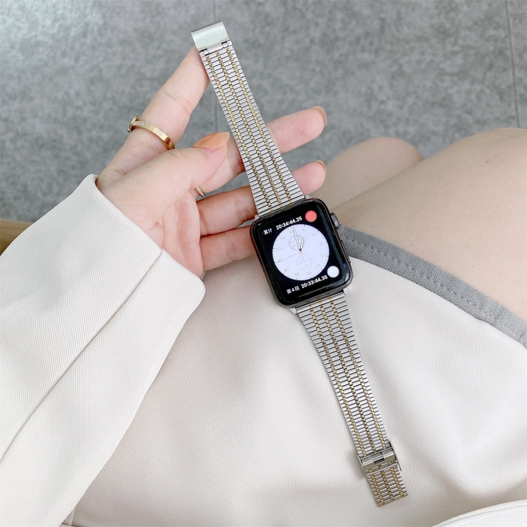 Color Matching Seven Beads Steel Watch Band For Apple Watch Series 7 41mm / 6 & SE & 5 & 4 40mm / 3 & 2 & 1 38mm(Silver Gold)