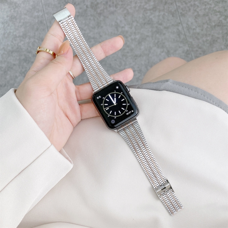 Color Matching Seven Beads Steel Watch Band For Apple Watch Ultra 49mm&Watch Ultra 2 49mm / Series 9&8&7 45mm / SE 3&SE 2&6&SE&5&4 44mm / 3&2&1 42mm(Silver Rose Gold)