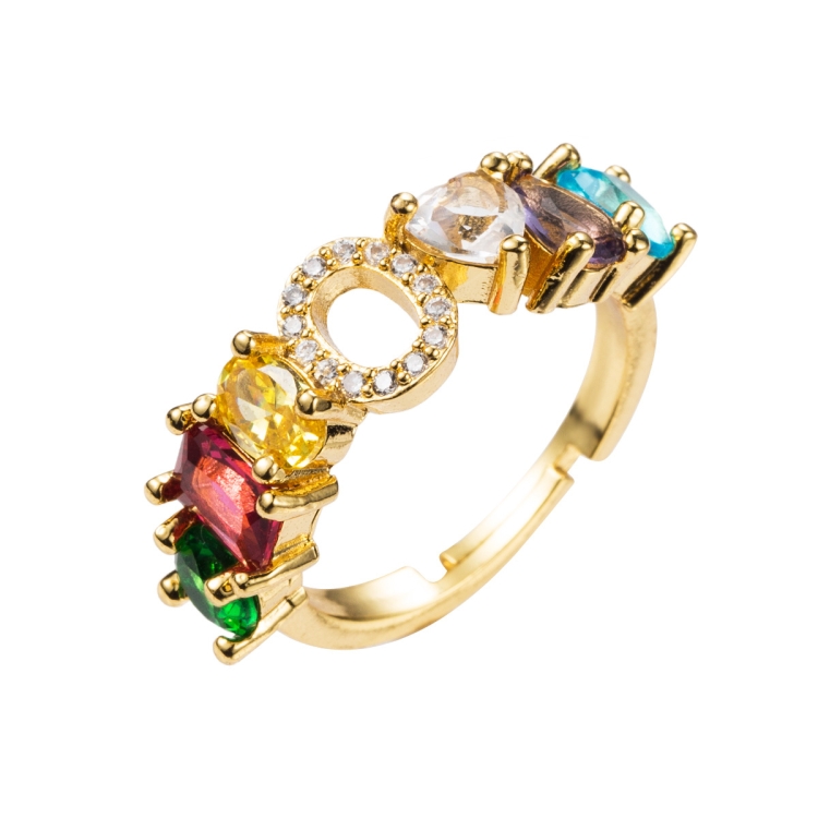 Copper 18K Micro Inlaid Zircon English Letter Ring Hip Hop Style Open Ring(O)
