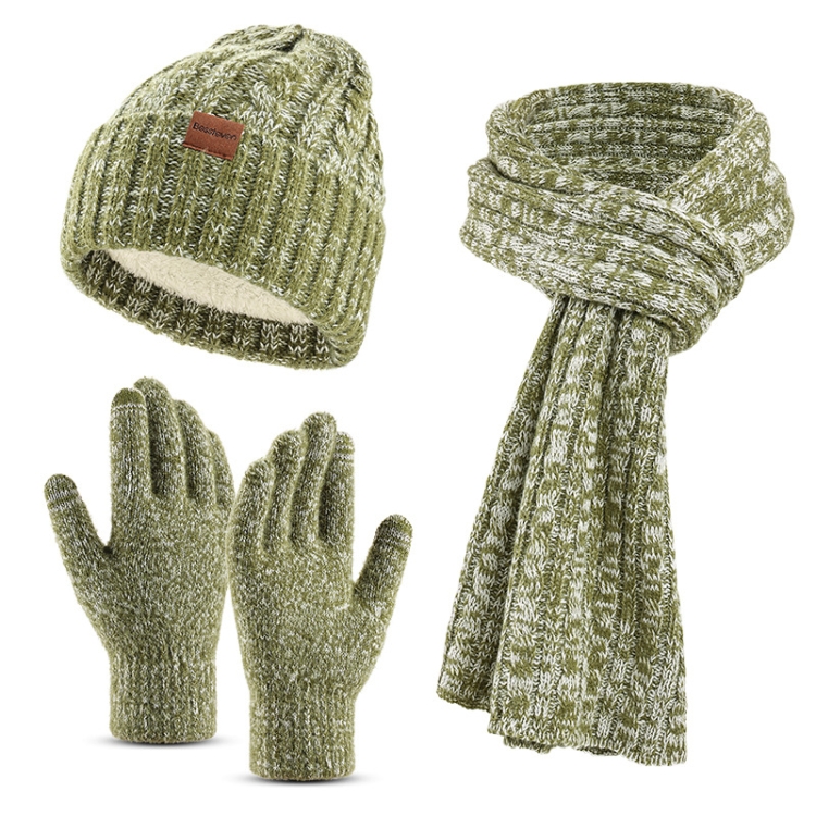 Couple Winter Hat Scarf Gloves 3 In 1 Set Thick Wool Knitted Warm Set(Green)