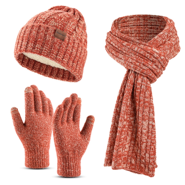 Couple Winter Hat Scarf Gloves 3 In 1 Set Thick Wool Knitted Warm Set(Red)