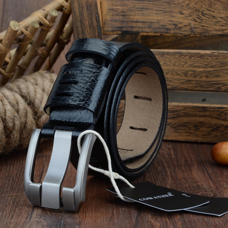 COWATHER QSK001 Men Casual Fashion Two-Layer Leather Pin Buckle Belt, Length: 110cm(Black)