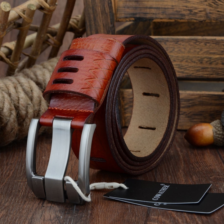 COWATHER QSK001 Men Casual Fashion Two-Layer Leather Pin Buckle Belt, Length: 120cm(Brown)