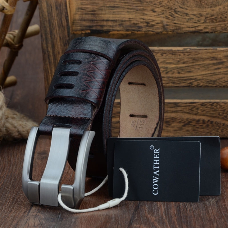 COWATHER QSK001 Men Casual Fashion Two-Layer Leather Pin Buckle Belt, Length: 120cm(Coffee Color)