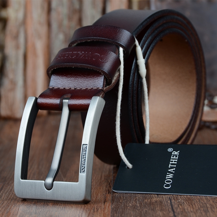 COWATHER XF004 Men Two-Layer Cowhide Business Casual Pin Buckle Belt, Length (cm): 105cm(Silver Buckle Coffee Color)