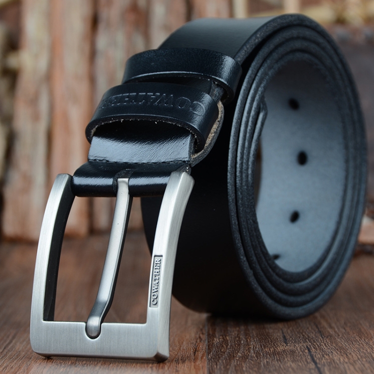 COWATHER XF004 Men Two-Layer Cowhide Business Casual Pin Buckle Belt, Length (cm): 115cm(Silver Buckle Black)