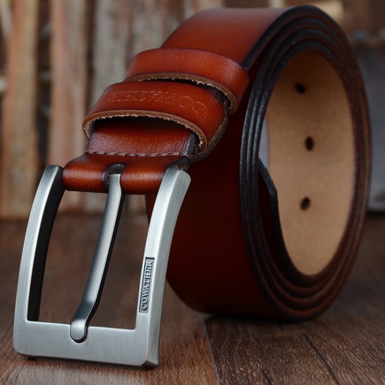 COWATHER XF004 Men Two-Layer Cowhide Business Casual Pin Buckle Belt, Length (cm): 125cm(Silver Buckle Brown)