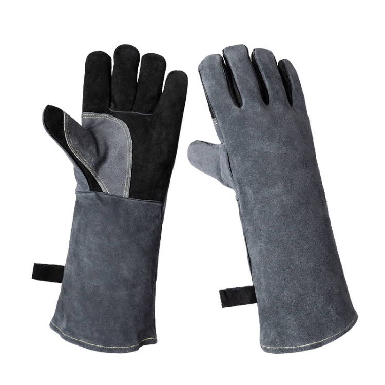 Cowhide BBQ Gloves Thickened Anti-hot Oven Welding Protection Gloves, Specification: A2415 16 inch Gray Black