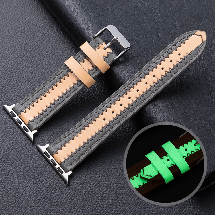 Cowhide Leather Luminous Watch Band For Apple Watch Series 7 45mm / 6 & SE & 5 & 4 44mm / 3 & 2 & 1 42mm(Grey)