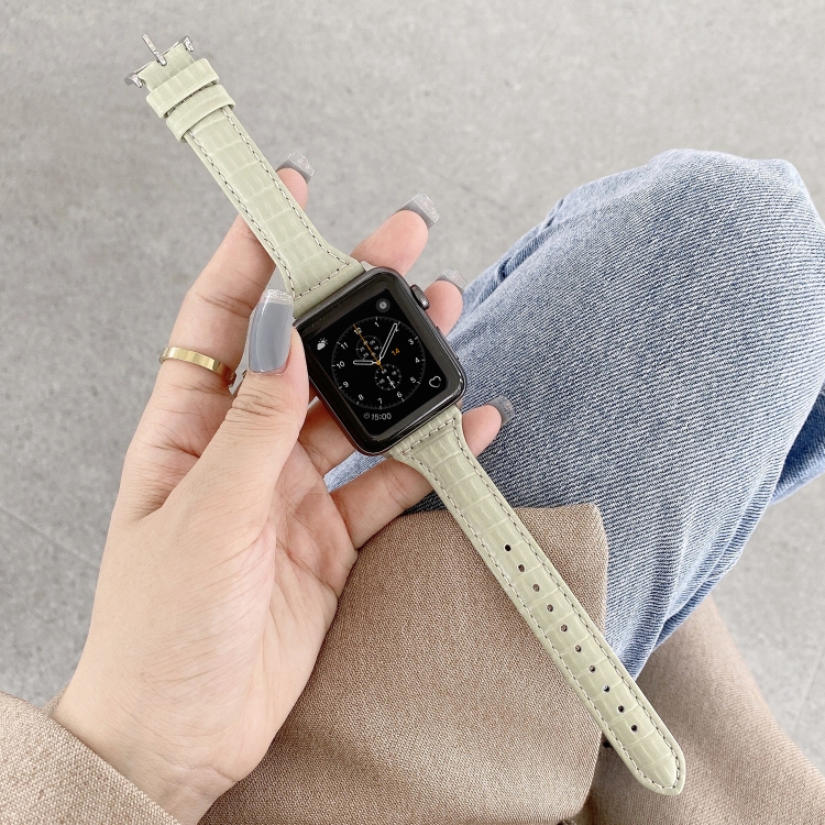 Crocodile Texture Leather Watch Band For Apple Watch Series 9&8&7 41mm / SE 3&SE 2&6&SE&5&4 40mm / 3&2&1 38mm(Bean Paste Green)