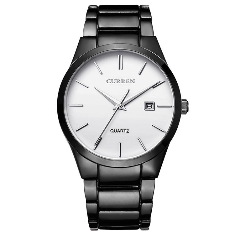 CURREN 8106 Fashion Business Calendar Waterproof Full Steel Quartz Watch(black case white face)