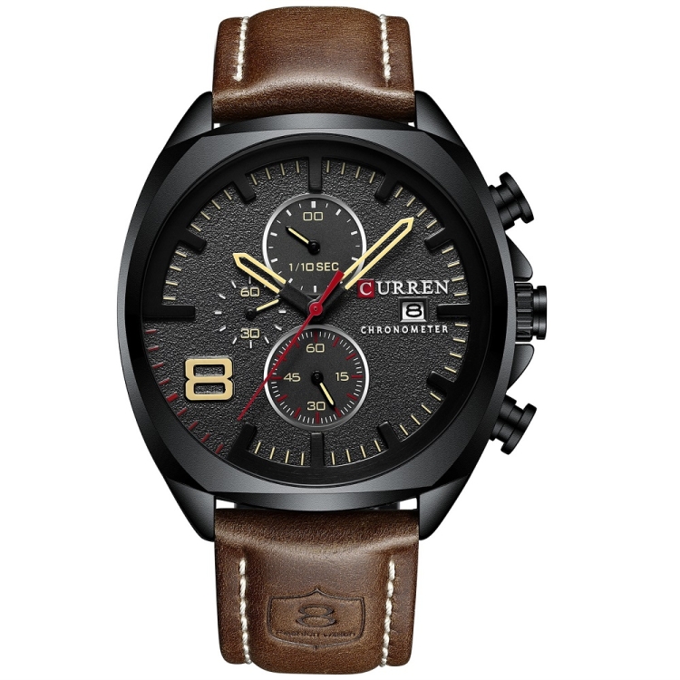 Curren 8324 Six-hand Leather Strap Waterproof Men Watch With Calendar, Color: Black Shell Khaki