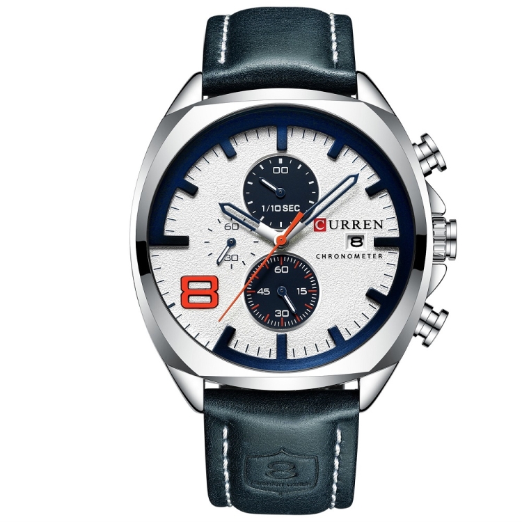 Curren 8324 Six-hand Leather Strap Waterproof Men Watch With Calendar, Color: White Shell White
