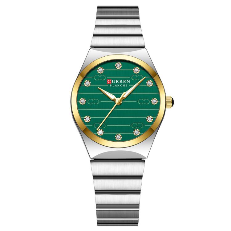 Curren Women Steel Band Business Quartz Watch(White Gold Ring Green)