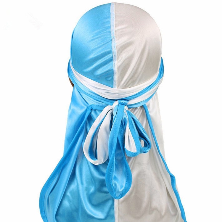 Double-coloured Silk Satin Long-tailed Pirate Hat Turban Cap Chemotherapy Cap (White + Baby Blue)