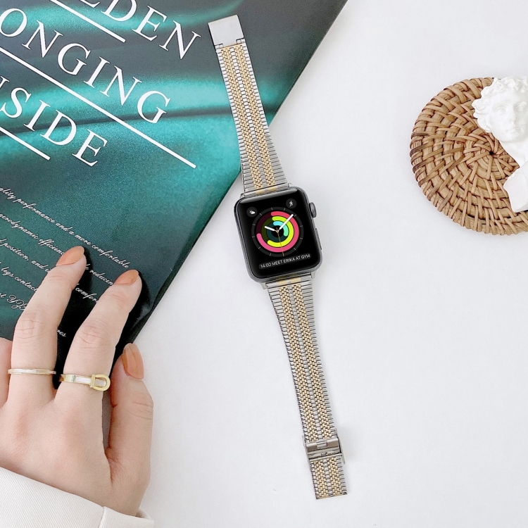 Double Lines Steel Watch Band For Apple Watch Ultra 49mm&Watch Ultra 2 49mm / Series 9&8&7 45mm / SE 3&SE 2&6&SE&5&4 44mm / 3&2&1 42mm(Silver Gold)
