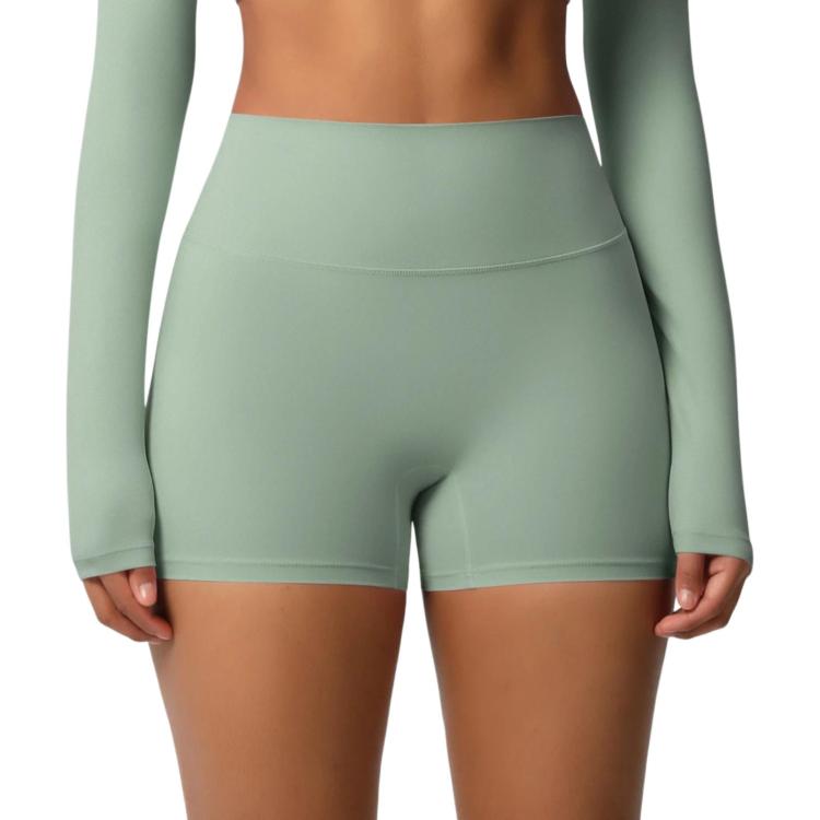 Double-Sided Brushed High-Waisted Tight-Fitting Fitness Yoga Shorts, Size: L(Basil Green)