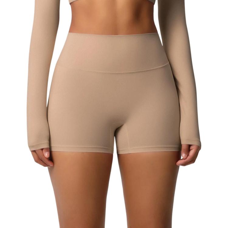 Double-Sided Brushed High-Waisted Tight-Fitting Fitness Yoga Shorts, Size: L(Medium Khaki)
