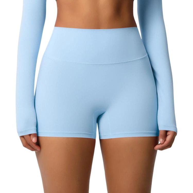 Double-Sided Brushed High-Waisted Tight-Fitting Fitness Yoga Shorts, Size: L(Sky Blue)