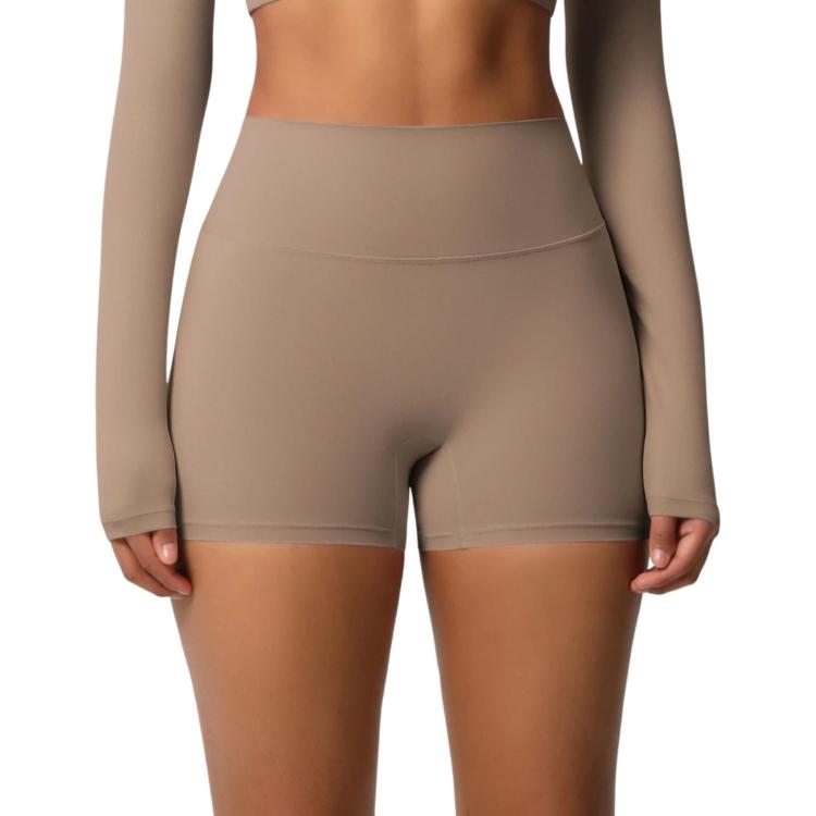 Double-Sided Brushed High-Waisted Tight-Fitting Fitness Yoga Shorts, Size: M(Mocha Brown)