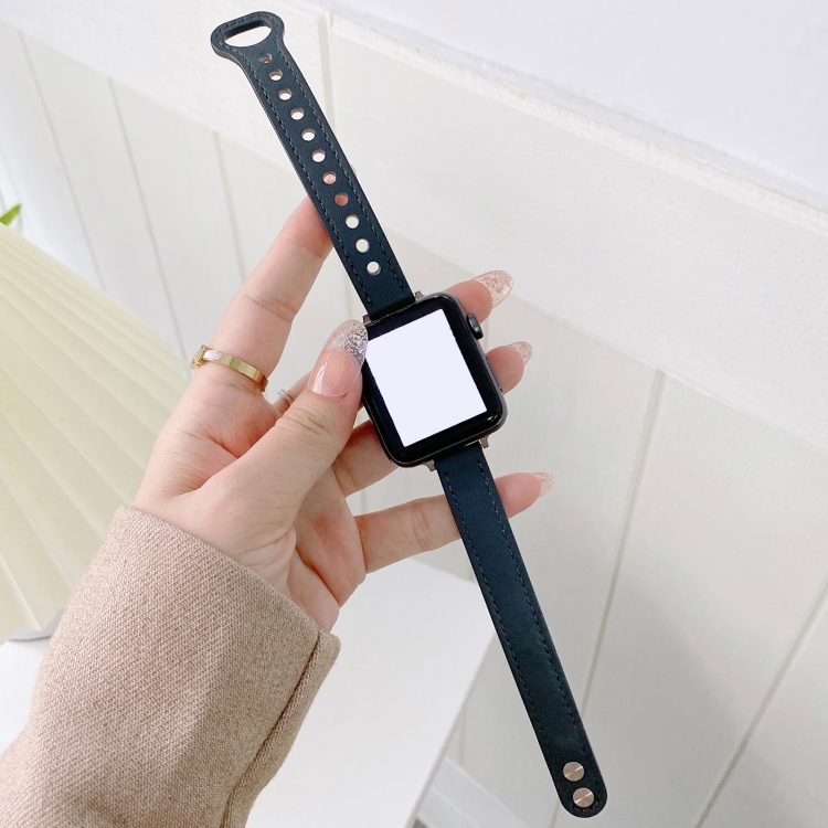 Double Studs Buckle Genuine Leather Watch Band Watch Band For Apple Watch Series 9&8&7 41mm / SE 3&SE 2&6&SE&5&4 40mm / 3&2&1 38mm(Dark Blue)
