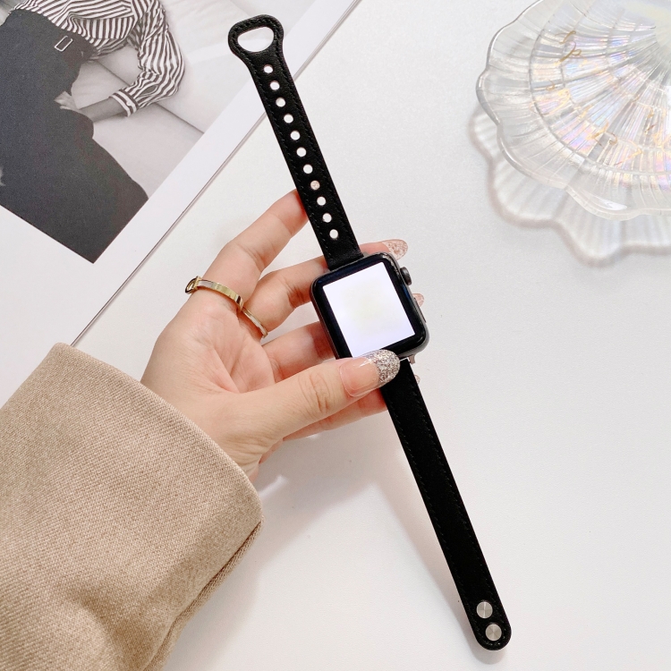 Double Studs Buckle Genuine Leather Watch Band Watch Band For Apple Watch Ultra 49mm&Watch Ultra 2 49mm / Series 9&8&7 45mm / SE 3&SE 2&6&SE&5&4 44mm / 3&2&1 42mm(Black)