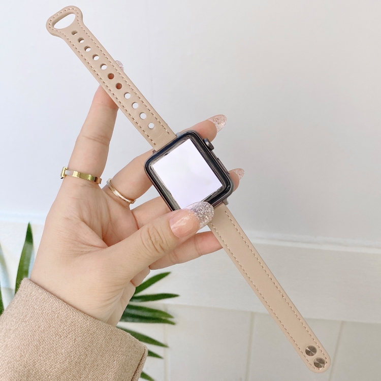 Double Studs Buckle Genuine Leather Watch Band Watch Band For Apple Watch Ultra 49mm&Watch Ultra 2 49mm / Series 9&8&7 45mm / SE 3&SE 2&6&SE&5&4 44mm / 3&2&1 42mm(Cream)