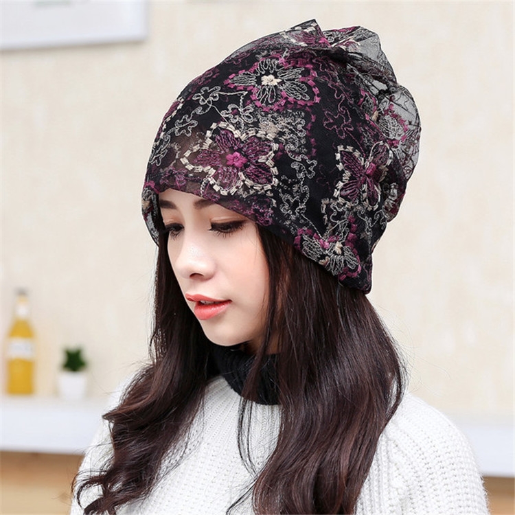 Dual-use Double-layer Lace Wrap Cap Stacking Cap(Purple Flowers On Black)