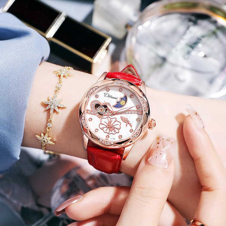Dulunwe 6018B 30m Waterproof Luminous Automatic Mechanical Watch, Color: Red Leather Strap