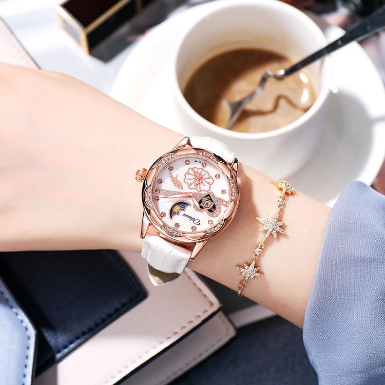 Dulunwe 6018B 30m Waterproof Luminous Automatic Mechanical Watch, Color: White Leather Strap
