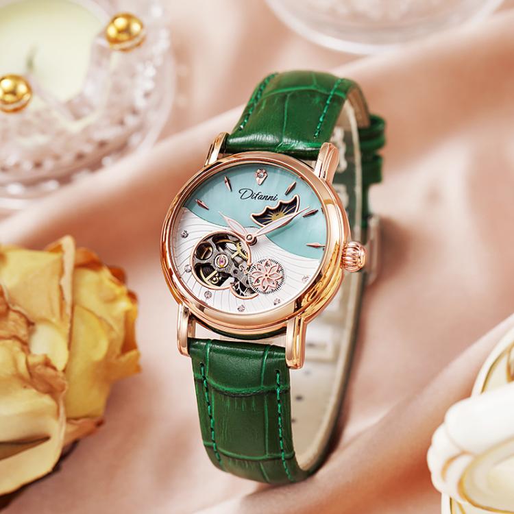 Dulunwe 6023C 30m Waterproof Fully Automatic Mechanical Watch, Color: Rose Gold Leather Green