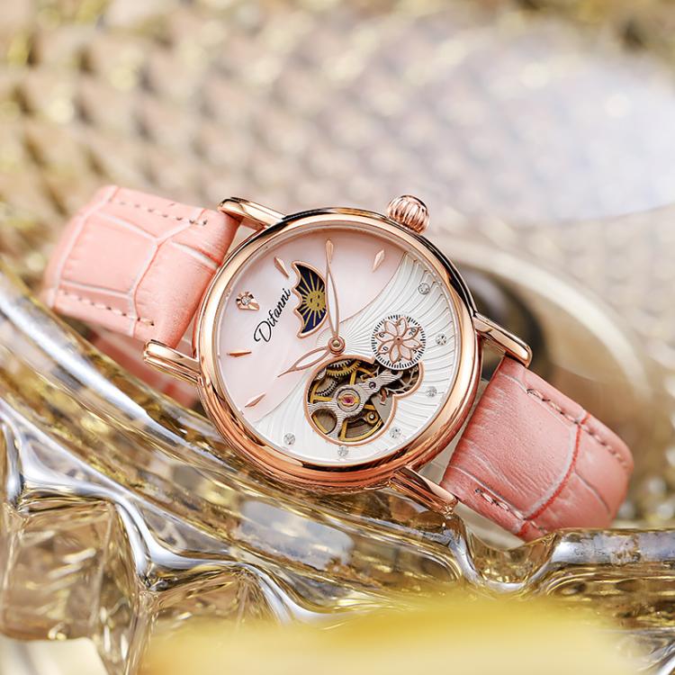 Dulunwe 6023C 30m Waterproof Fully Automatic Mechanical Watch, Color: Rose Gold Leather Pink