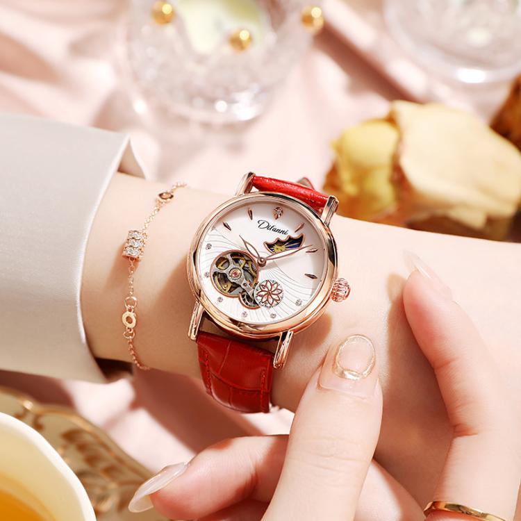 Dulunwe 6023C 30m Waterproof Fully Automatic Mechanical Watch, Color: Rose Gold Leather Red