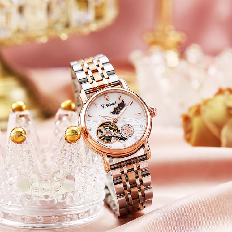 Dulunwe 6023C 30m Waterproof Fully Automatic Mechanical Watch, Color: Rose Gold Steel Strap White