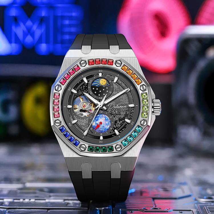 Dulunwe 6030F 30m Waterproof Luminous Mechanical Watch, Color: Silicone Strap Black