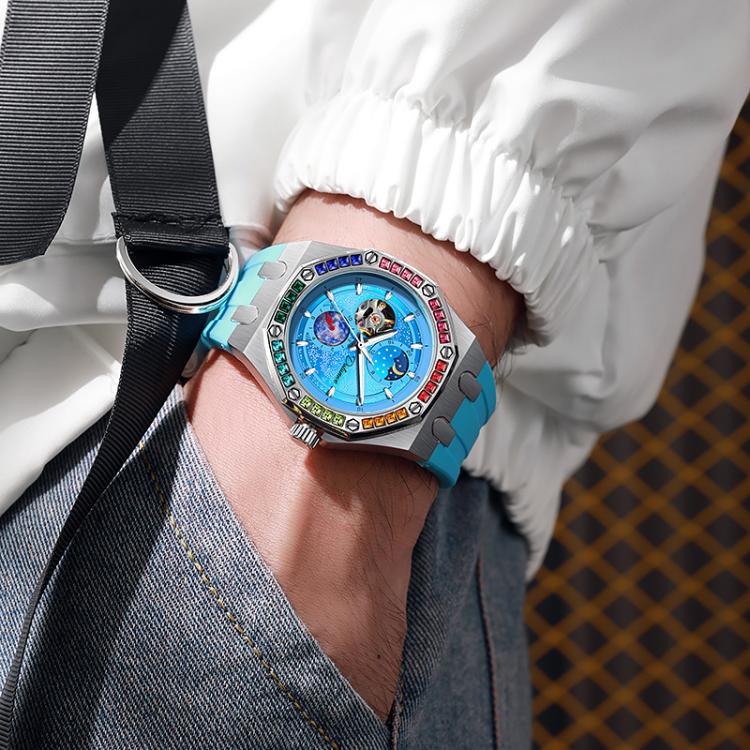 Dulunwe 6030F 30m Waterproof Luminous Mechanical Watch, Color: Silicone Strap Light Blue