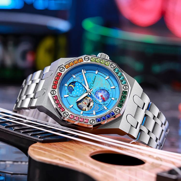 Dulunwe 6030F 30m Waterproof Luminous Mechanical Watch, Color: Steel Strap Light Blue