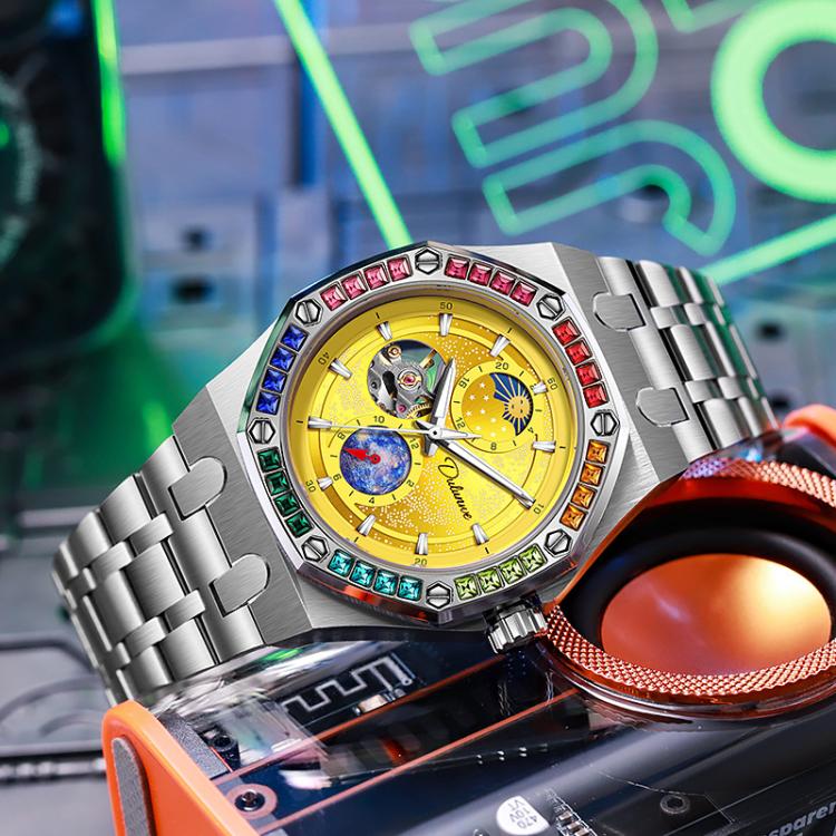 Dulunwe 6030F 30m Waterproof Luminous Mechanical Watch, Color: Steel Strap Yellow
